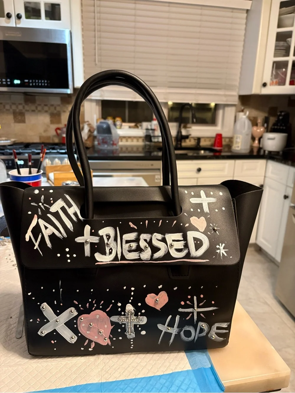 Black Hand-Painted Statement Tote Bag - Faith Blessed Hope